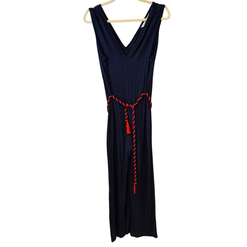 Trina Turk Small Navy Blue Wide Leg Jumpsuit V-Neck Sleeveless Rope Belt